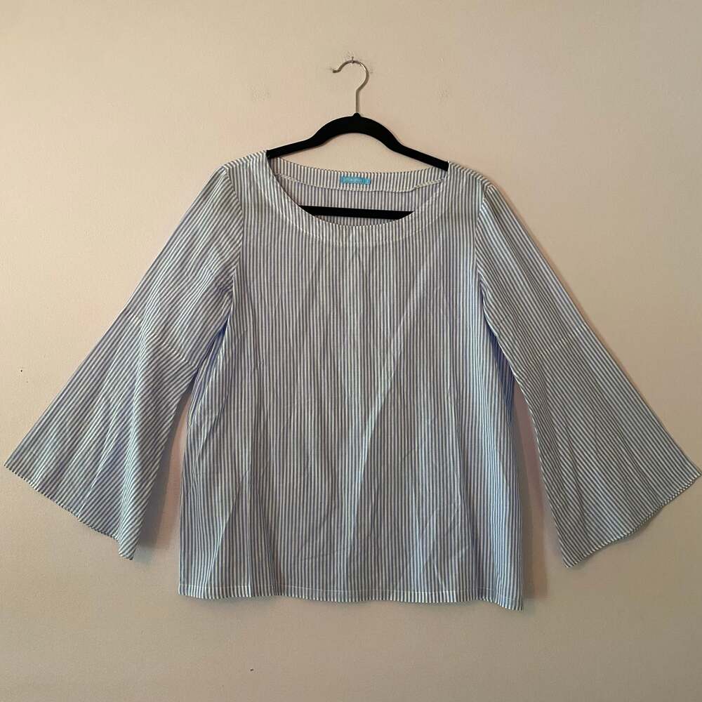 J. McLaughlin Blue White Pinstripe Boatneck Long Sleeve Blouse Cotton size Small